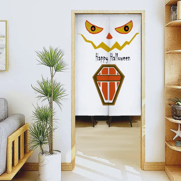 Rideau Halloween décoratif avec citrouille orange et tringle ajustable incluse pour porte intérieure.