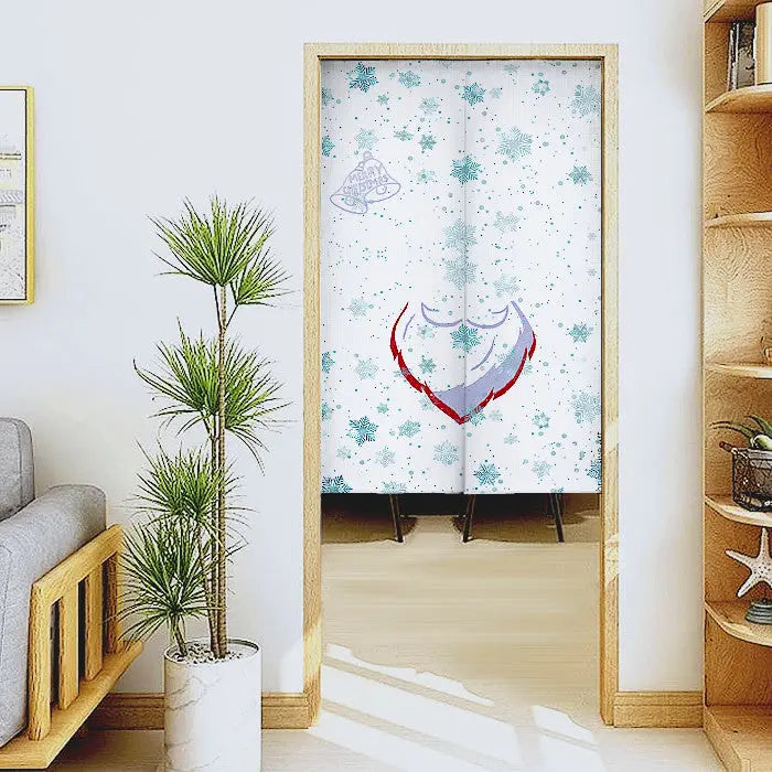 Rideau de porte de Noël 83×140 cm avec flocons bleus et barbe du Père Noël, tringle ajustable incluse, déco festive pour intérieur chaleureux.