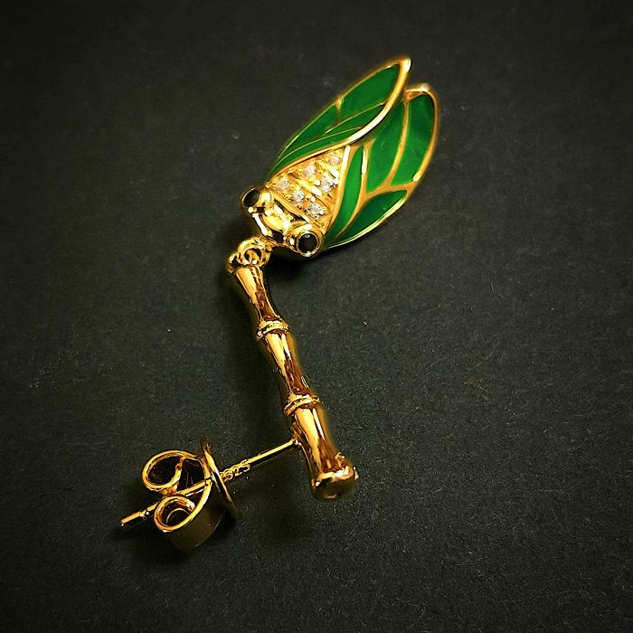 Boucles d'oreilles - Cigale sur branche de bambou