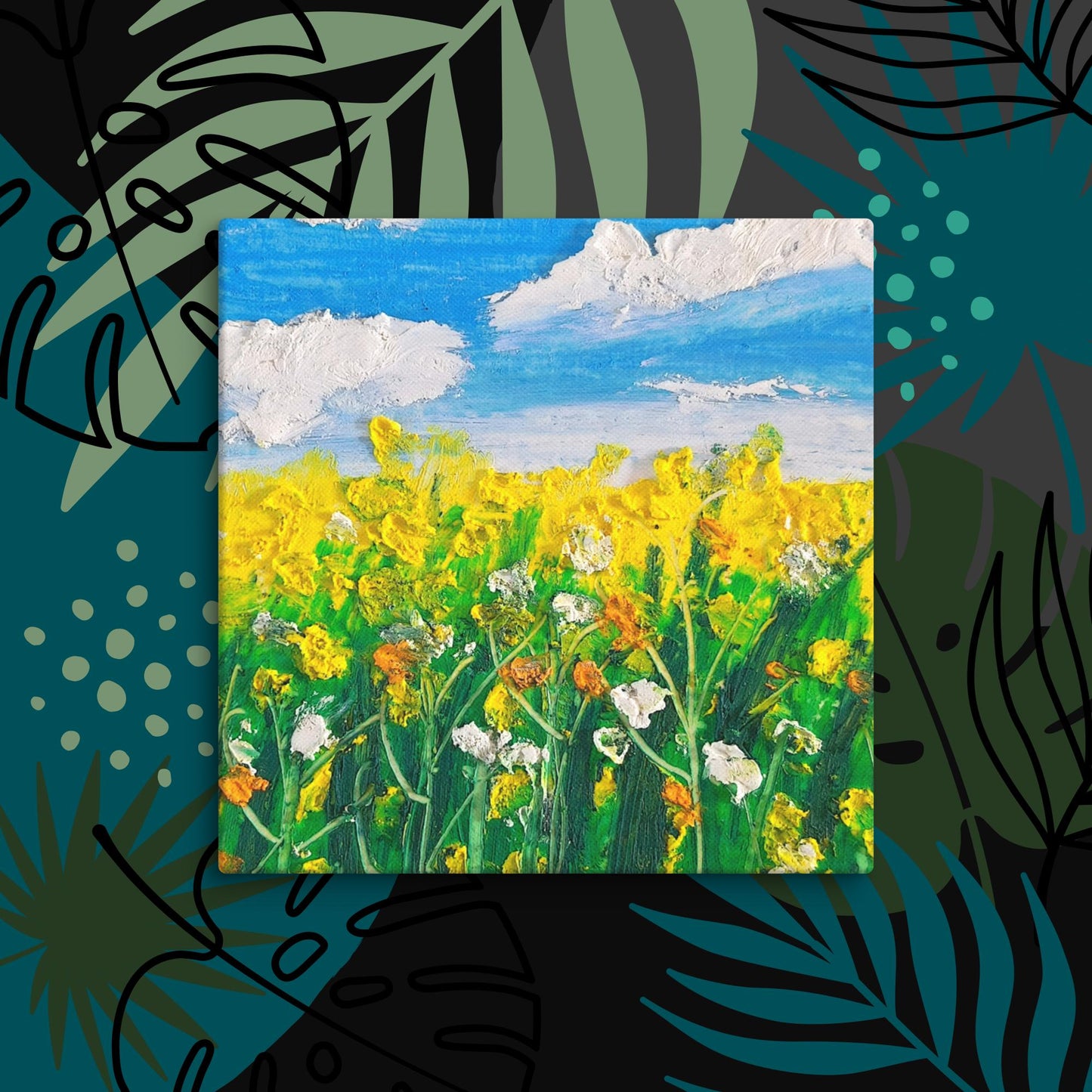 Tableau artistique coloré en pastel à l’huile, inspiré d’un champ de fleurs sauvages au soleil.