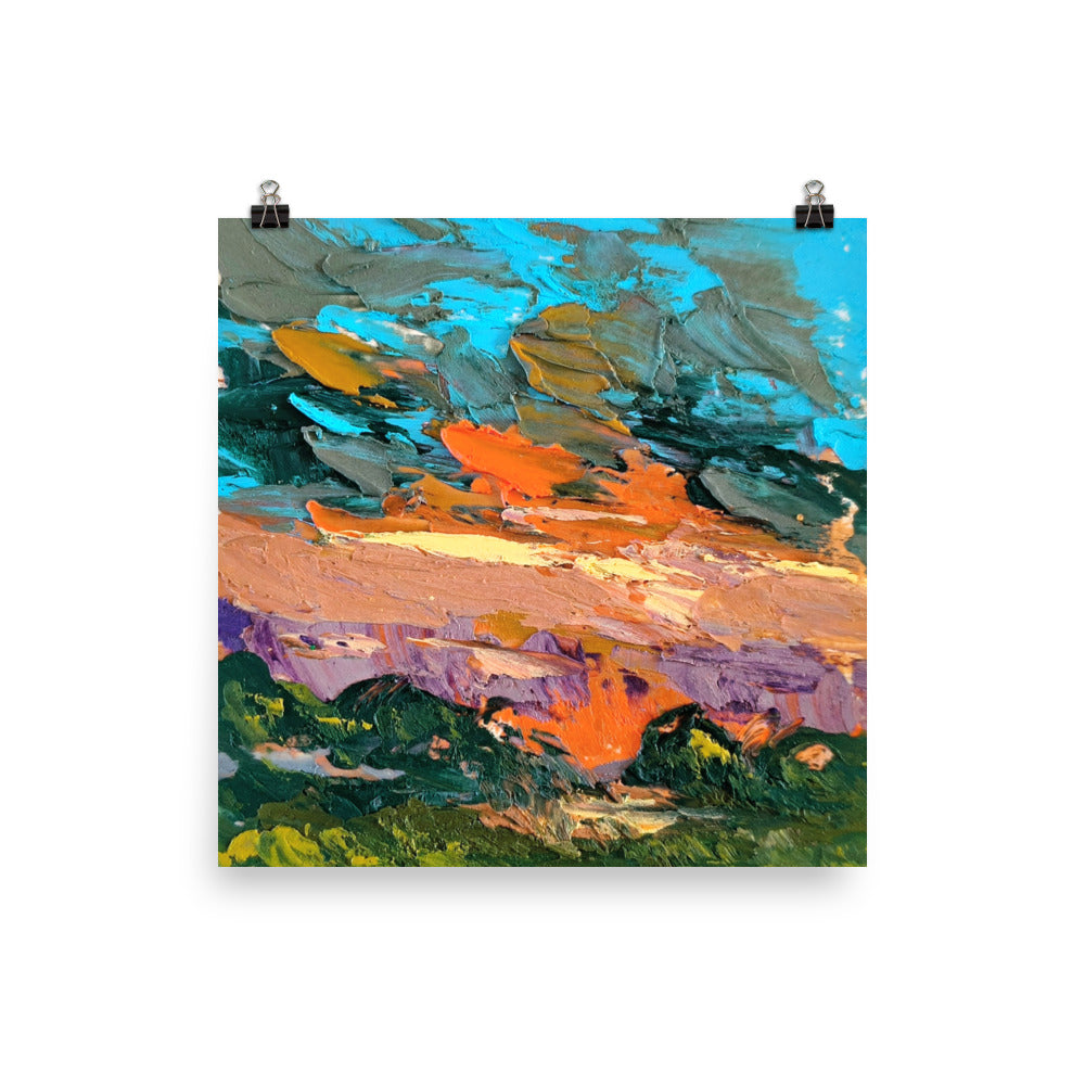 Peinture abstraite ciel coloré aux nuances orange et turquoise, œuvre artistique Innovative Art.