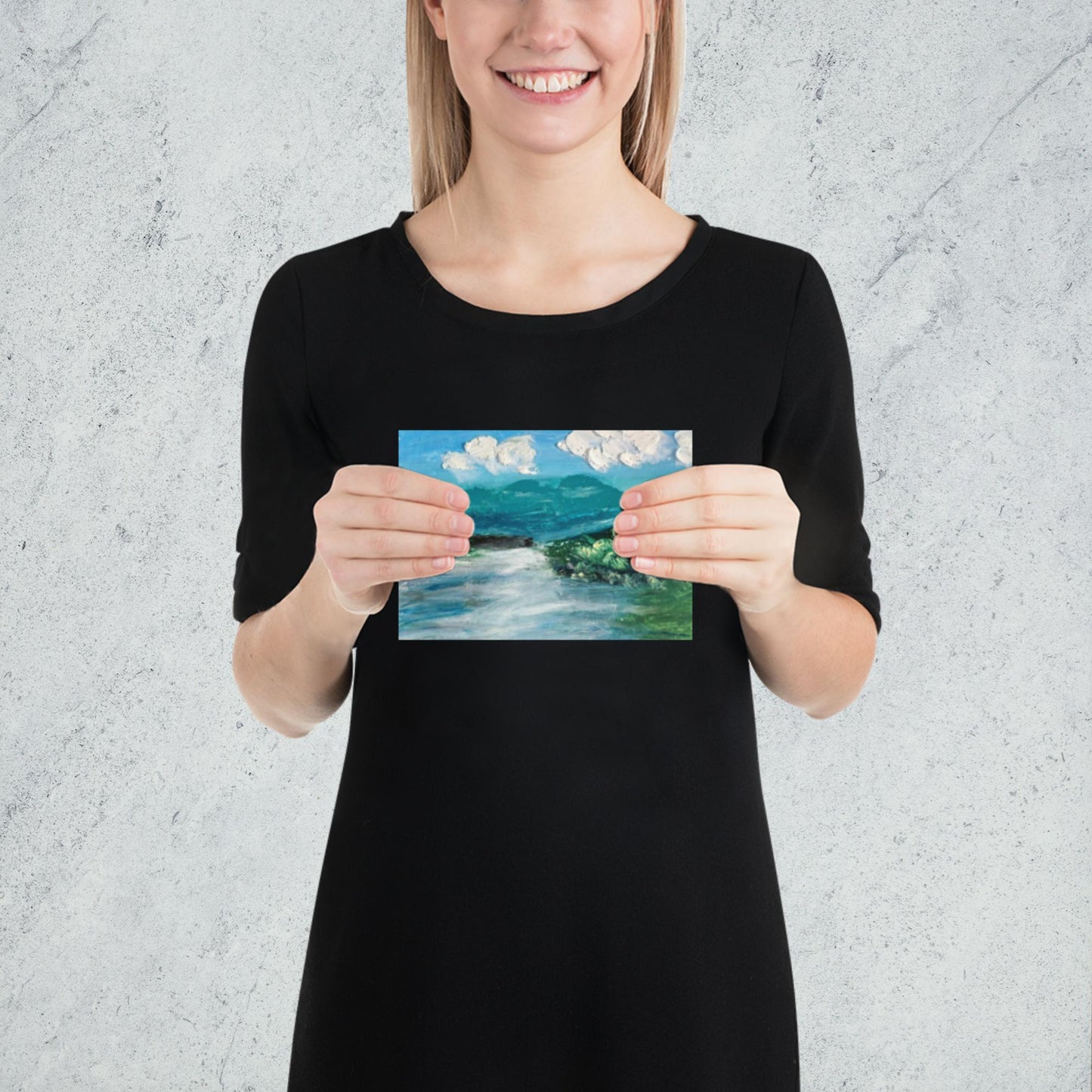 Mini affiche artistique de paysage abstrait apaisant avec rivière et nuages blancs.