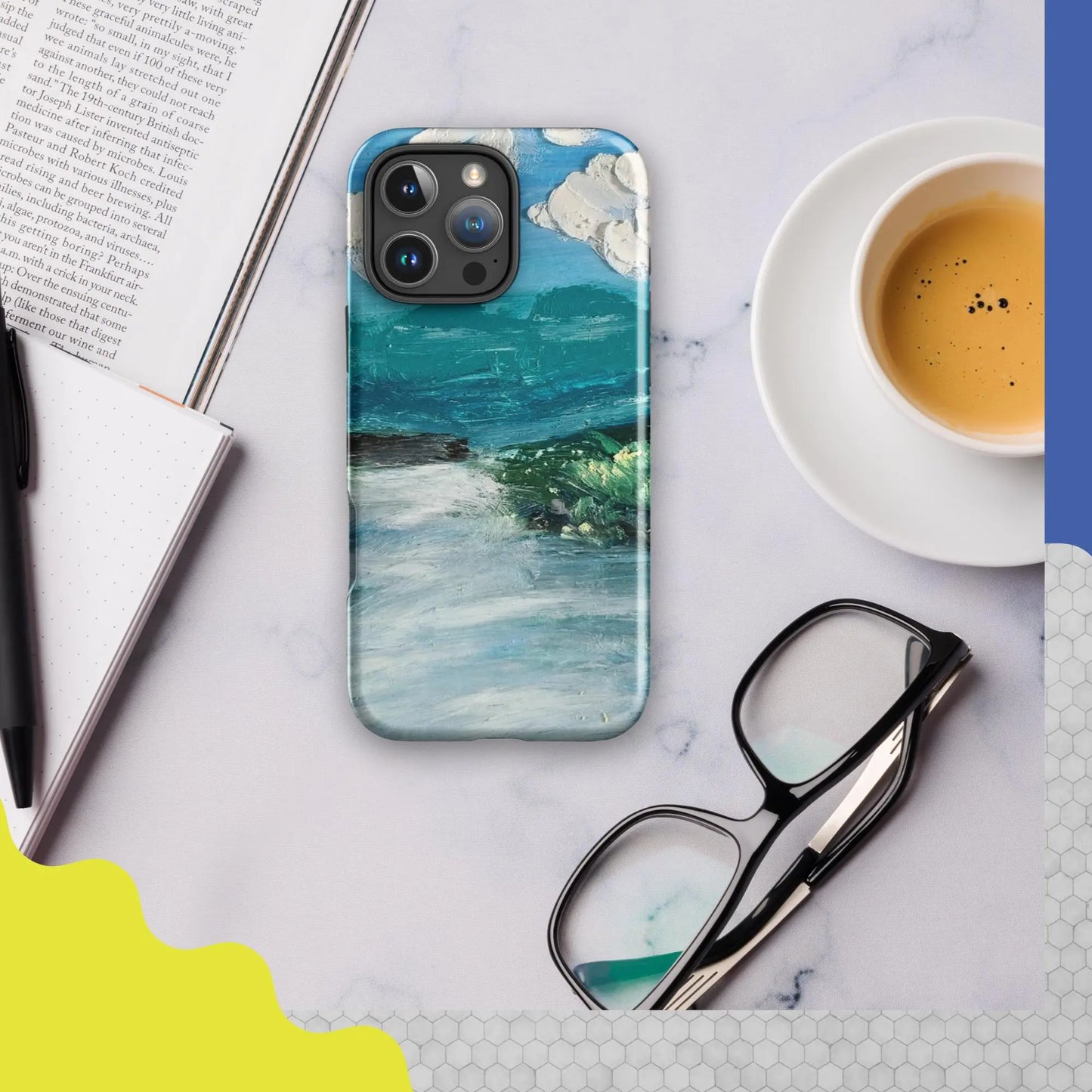 Coque de téléphone iPhone artistique en pastel à l’huile, inspirée d’un paisible lac bleu et ciel lumineux.