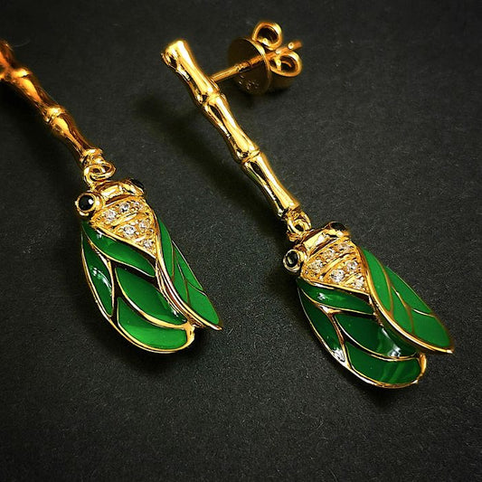 Boucles d'oreilles - Cigale sur branche de bambou