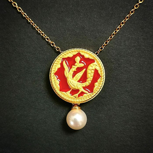 Pendentif ( Collier inclu) - Médaillon céleste au phénix