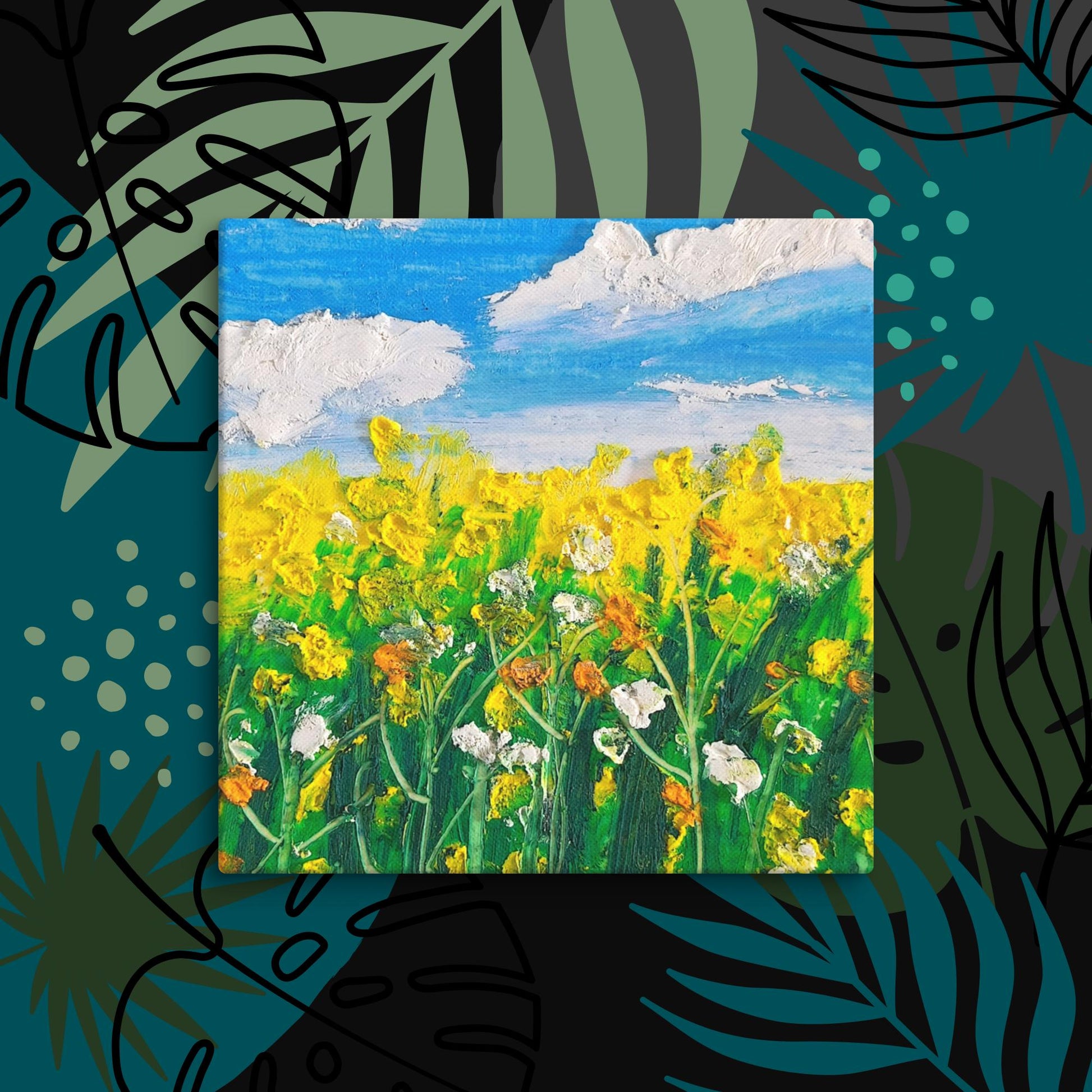 Tableau artistique coloré en pastel à l’huile, inspiré d’un champ de fleurs sauvages au soleil.