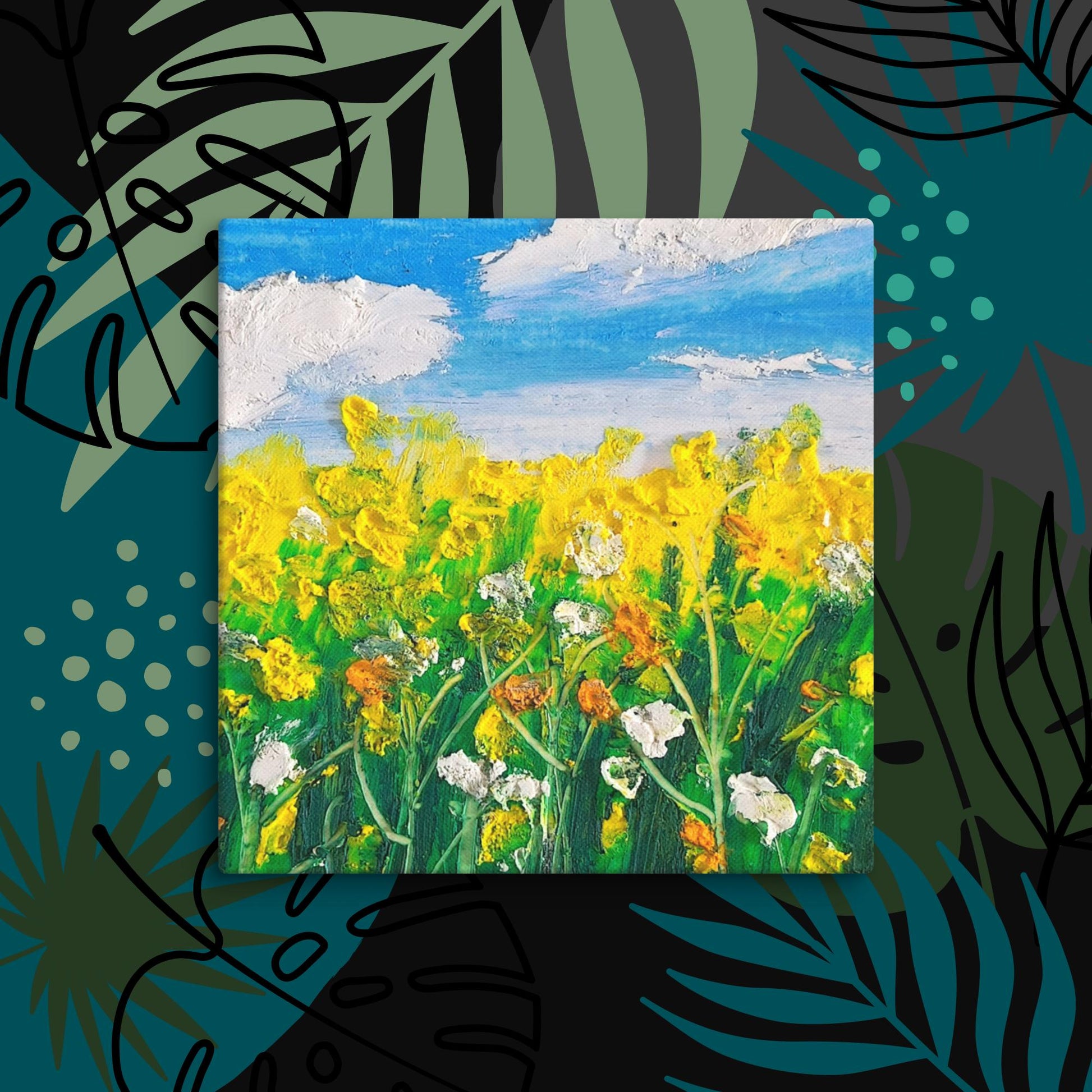 Tableau en pastel à l’huile illustrant un champ de fleurs jaunes éclatantes sous un ciel d’été bleu.