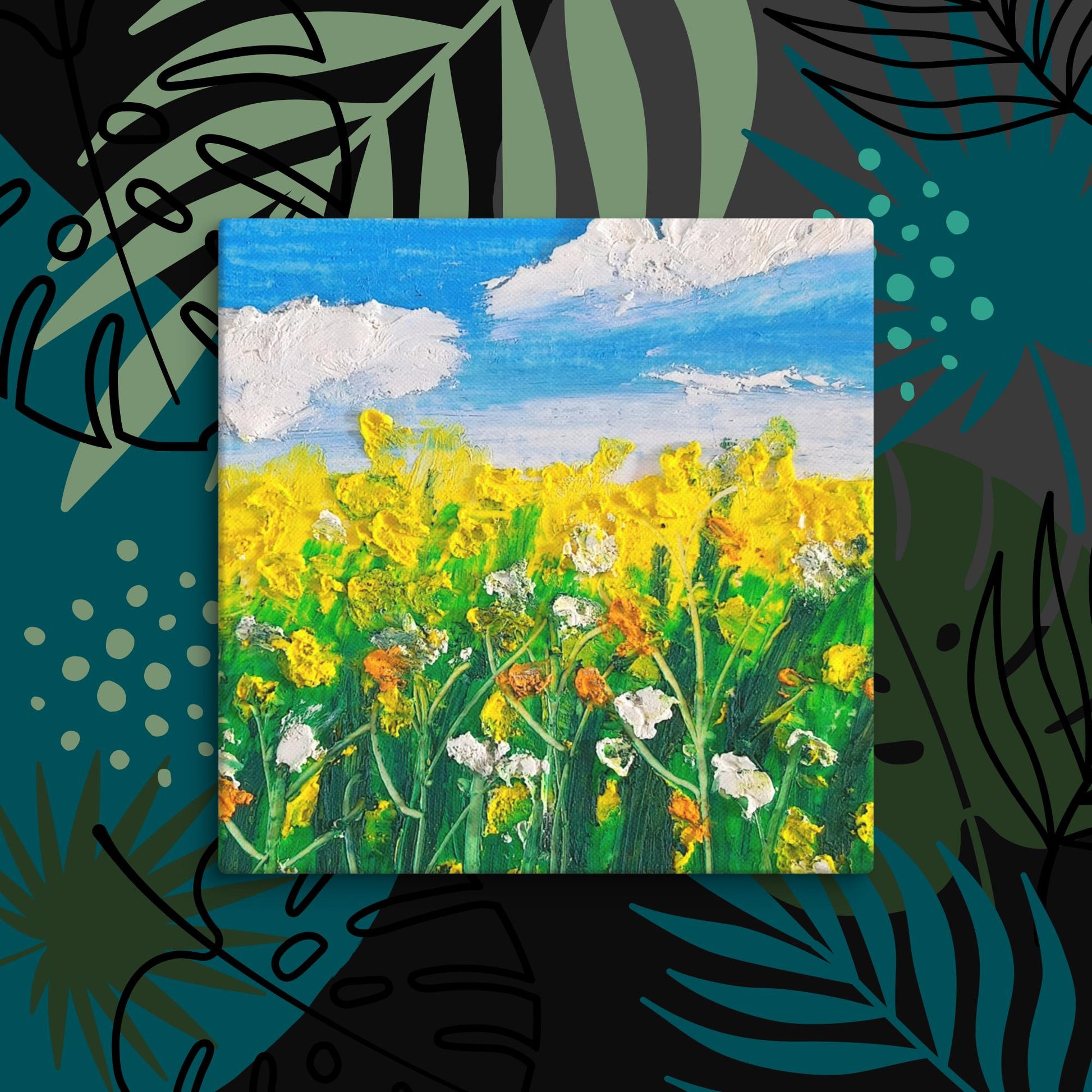 Tableau en pastel à l’huile illustrant un champ de fleurs jaunes éclatantes sous un ciel d’été bleu.