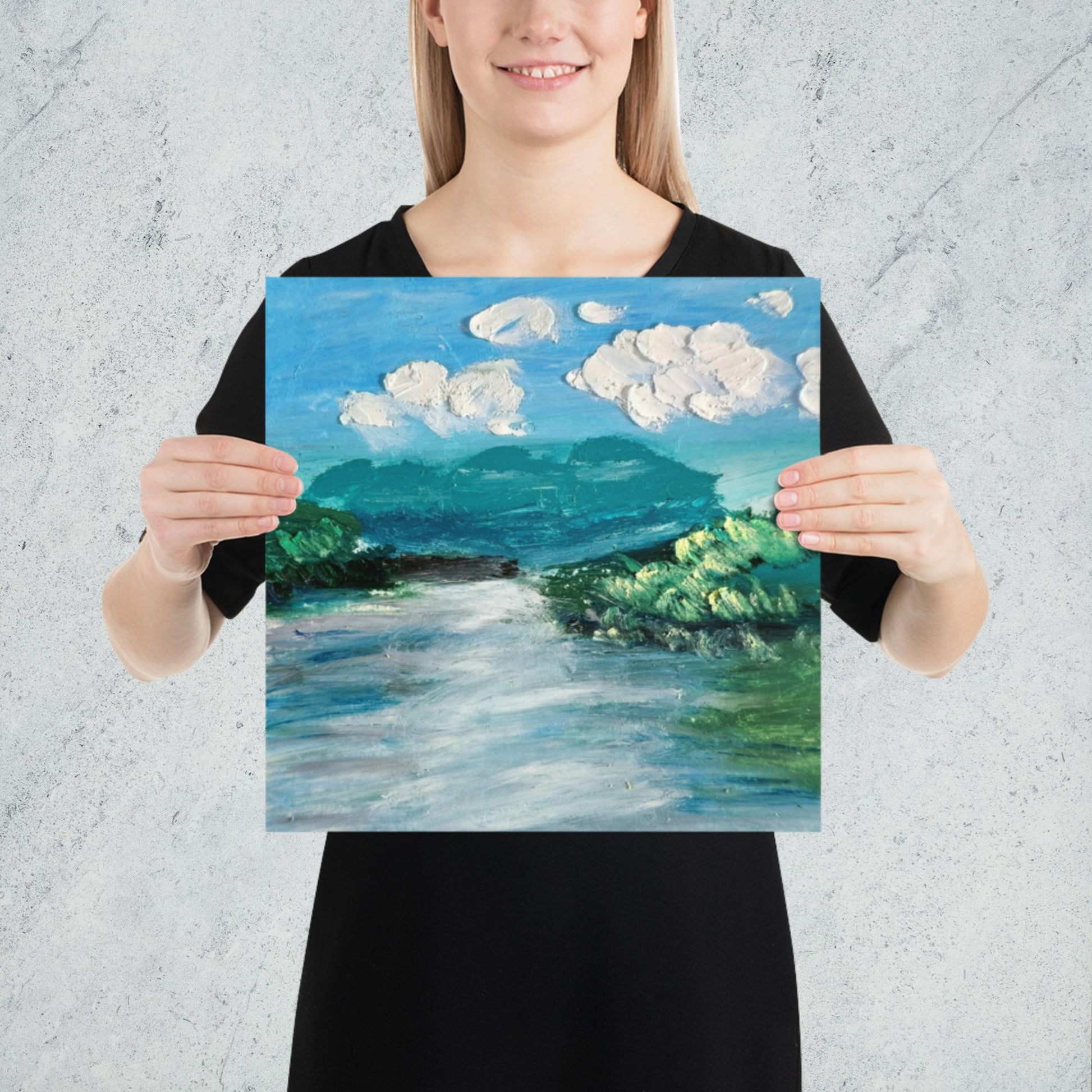 Affiche murale artistique bleue et verte inspirée d’un paysage naturel et paisible.