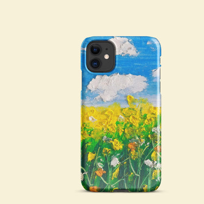 Gros plan sur la coque iPhone Fine Prairie, texture brillante et motif floral délicat.